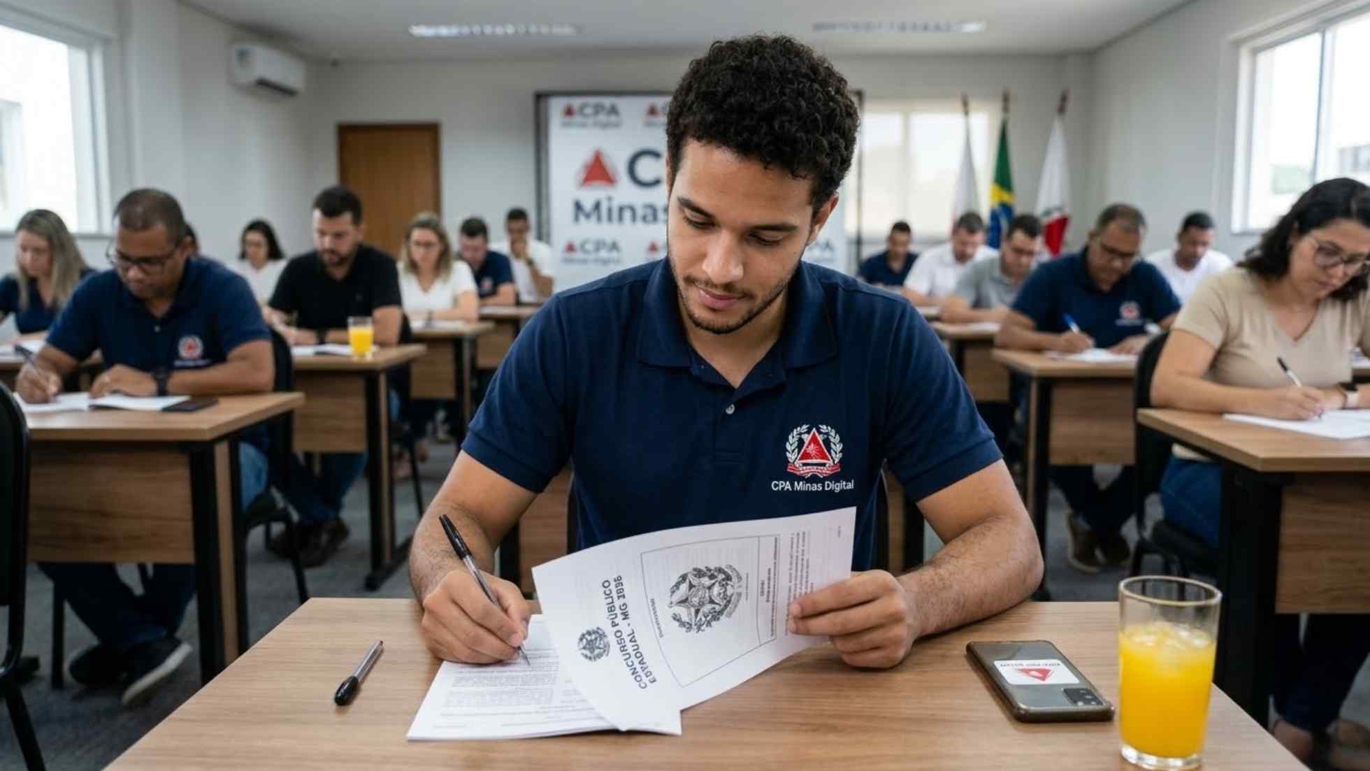 Estudante do EJA da CPA Minas Digital focado e confiante fazendo uma prova de concurso estadual em Minas Gerais em 2026.