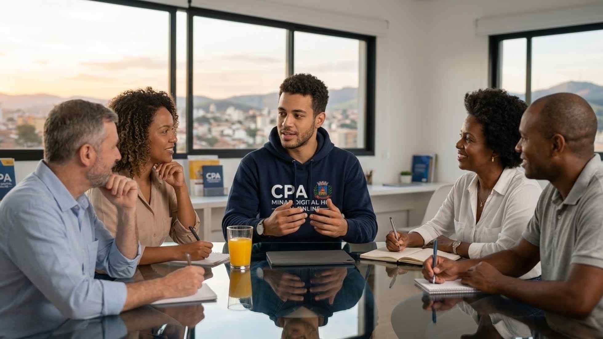 Executivo de 2026 analisando dados de equipe em um tablet, focado e inovador, com a camisa polo da CPA Minas Digital Vga