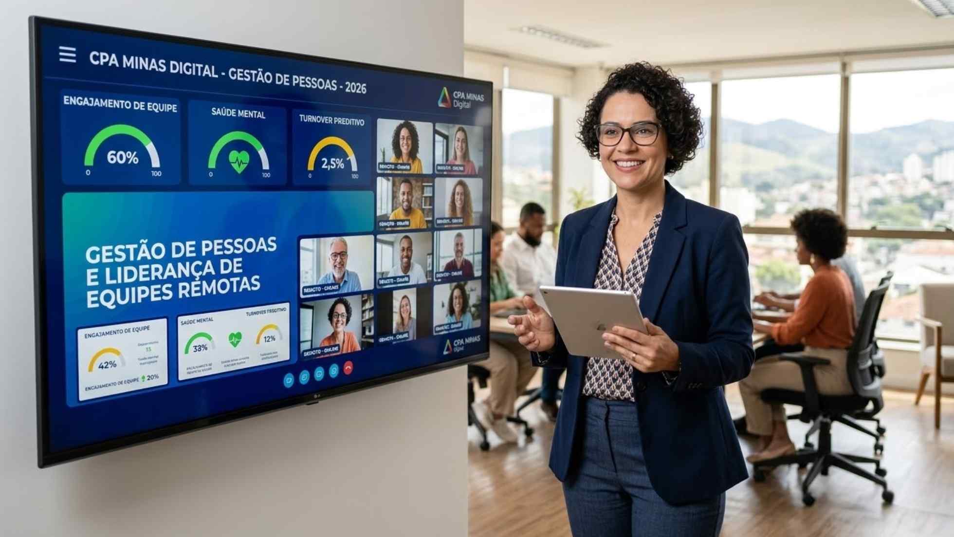 Gestor moderno em reunião híbrida demonstrando liderança de equipes remotas com suporte de dados em tela