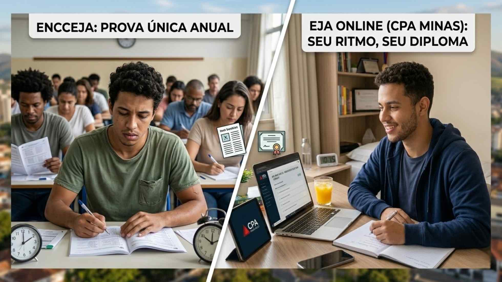 Infográfico comparativo entre prova do Encceja e curso EJA online em 2026 para conclusão do ensino médio