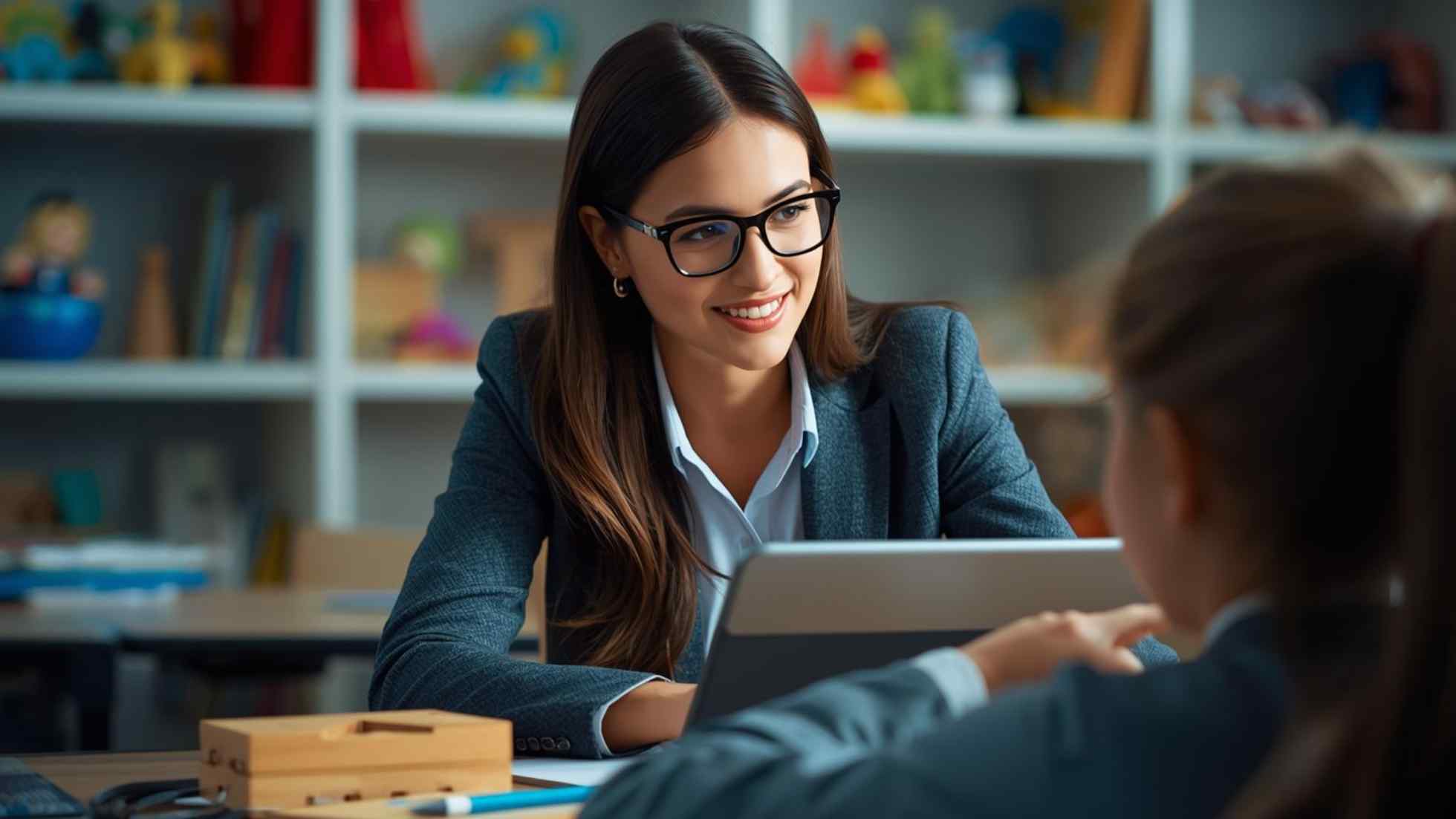 Professor(a) em uma sala de aula inclusiva, utilizando recursos pedagógicos modernos e vestindo a camisa polo da CPA Minas Digital