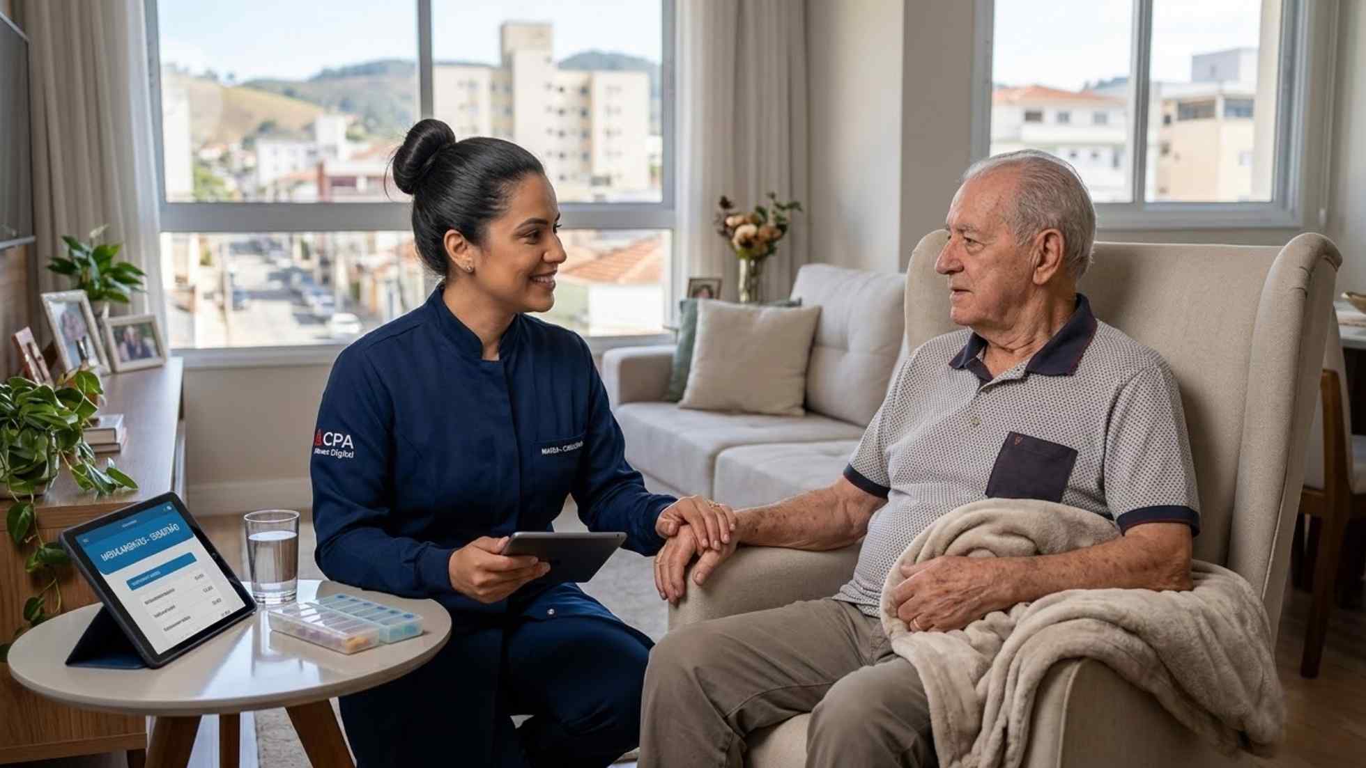 Profissional atuando na profissão cuidador de idosos realizando atendimento humanizado em domicílio