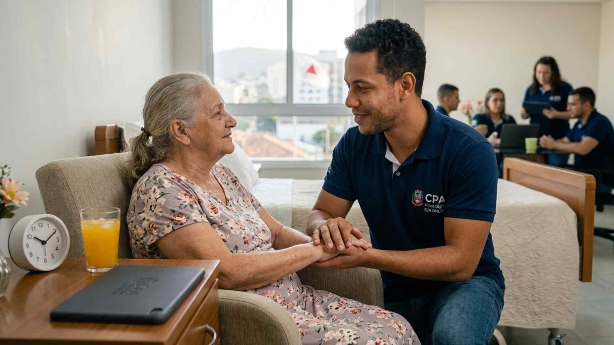 Profissional de saúde cuidando de um paciente com carinho, vestindo a camisa da CPA Minas Digital