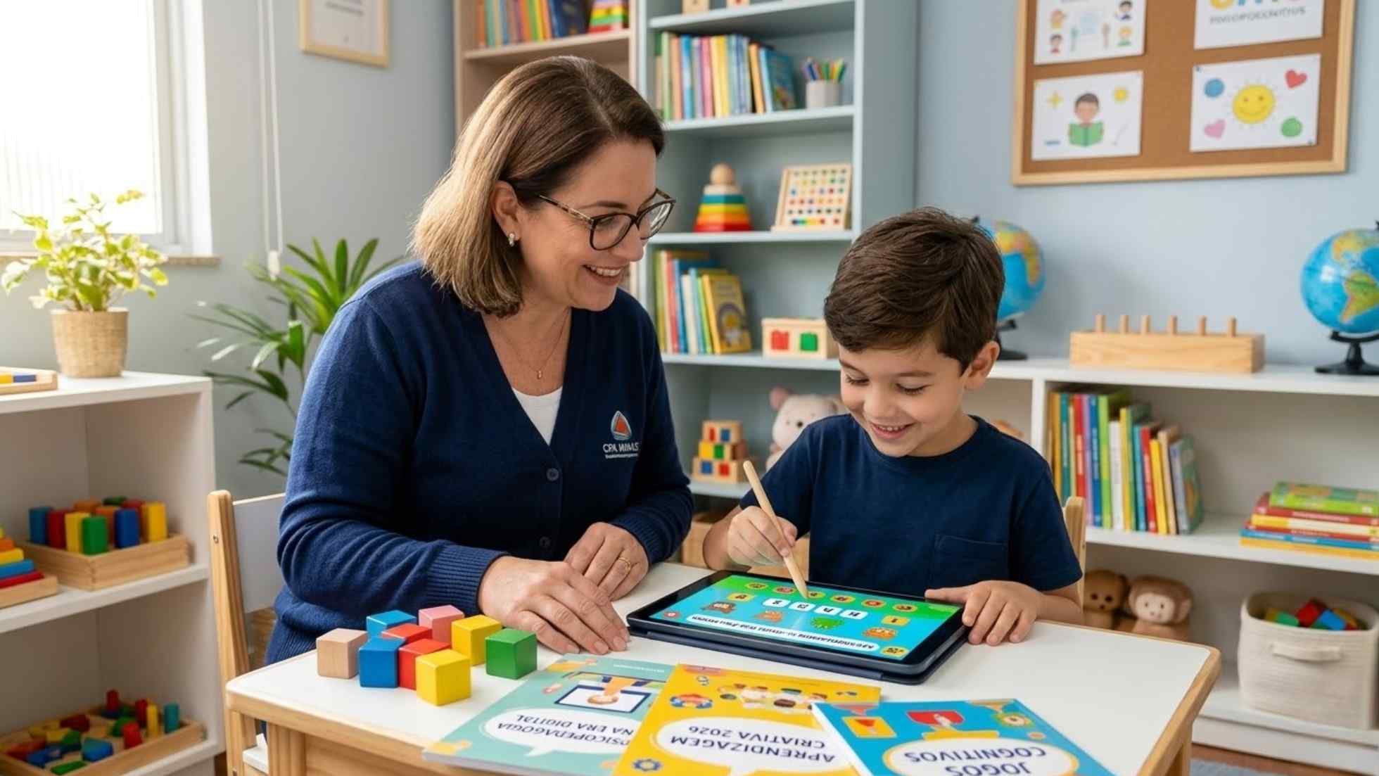 Psicopedagoga analisando novas tendências na psicopedagogia clínica e institucional através de tablet com criança em consultório