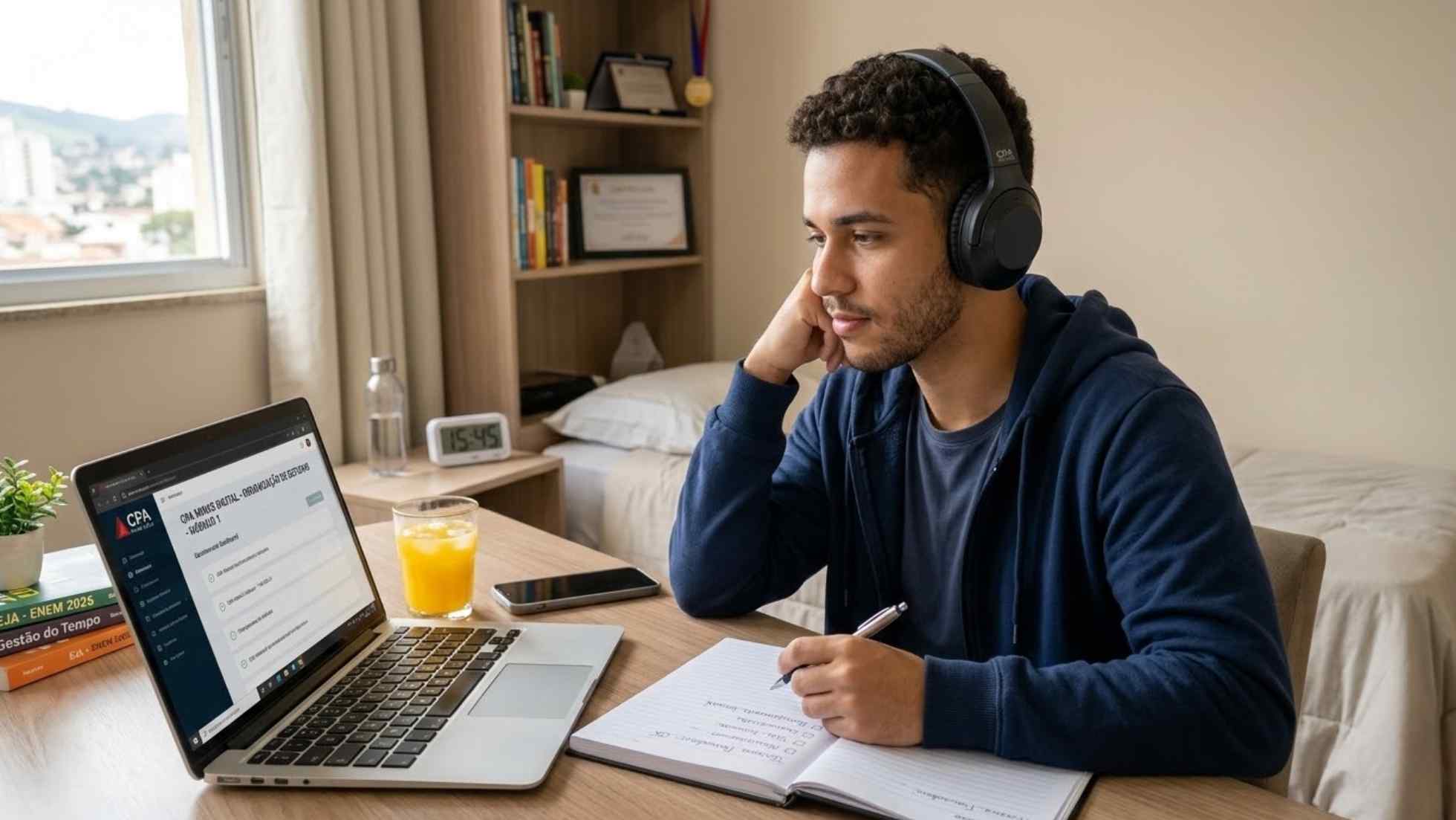 Rapaz seguindo dicas para estudar em casa com fone de ouvido e notebook em ambiente organizado